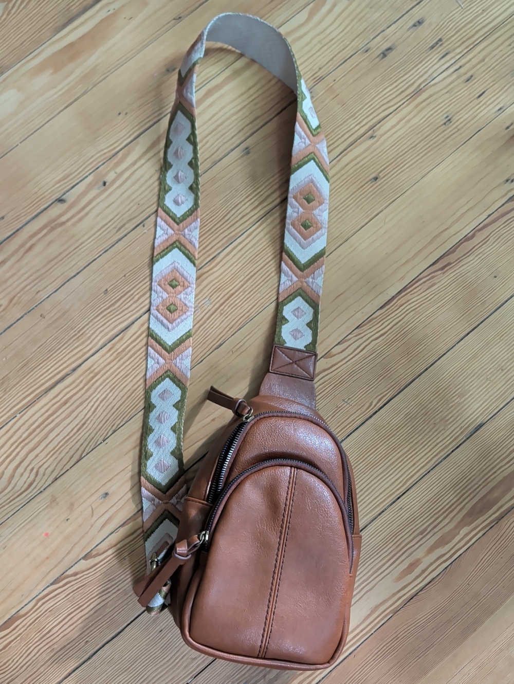 Leather Crossbody Sling Bag in Brown with Patterned Strap